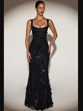 NWT Oh Polly Vasanta Embellished Appliqué Soft-Scoop Corset Gown Black - Size 2